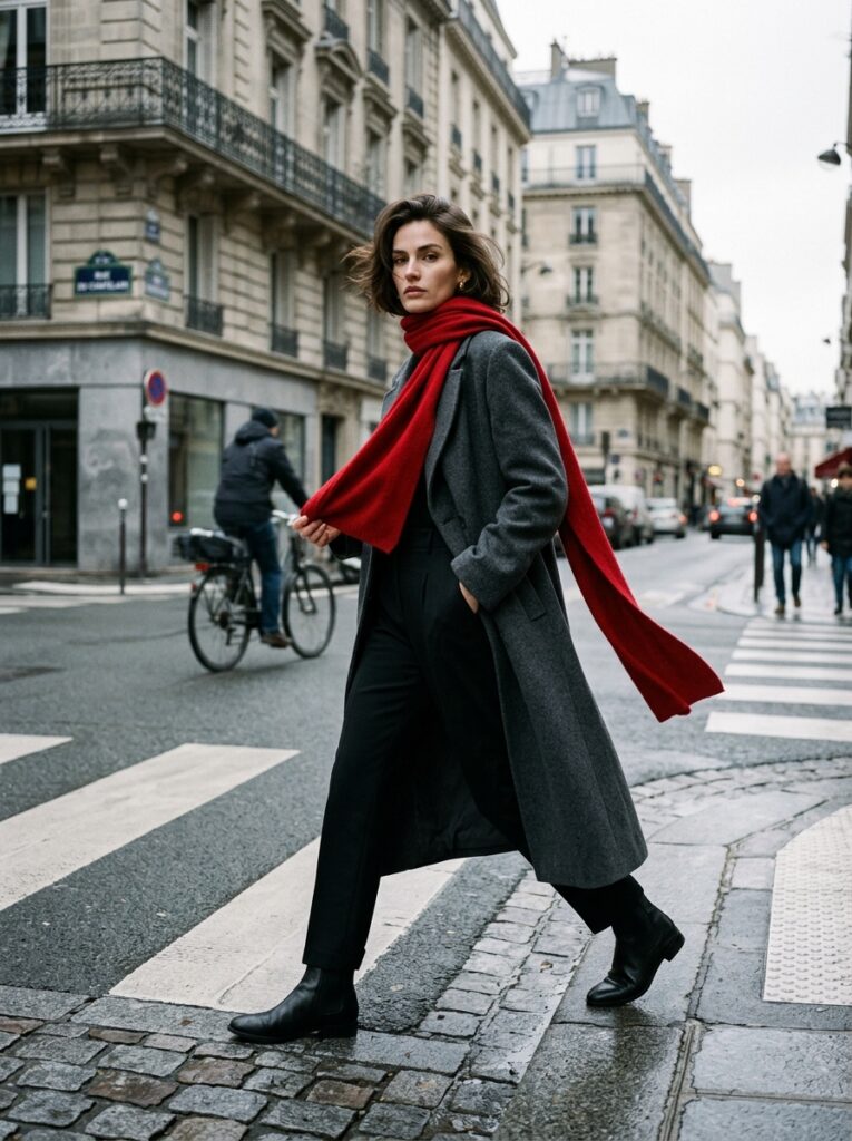 Woman in a gray wool coat, vivid red scarf, black trousers, and ankle boots standing at a Parisian crosswalk.