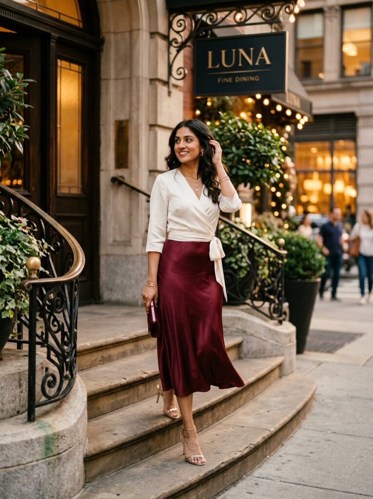 Ivory wrap blouse with a burgundy satin midi skirt and delicate heels
