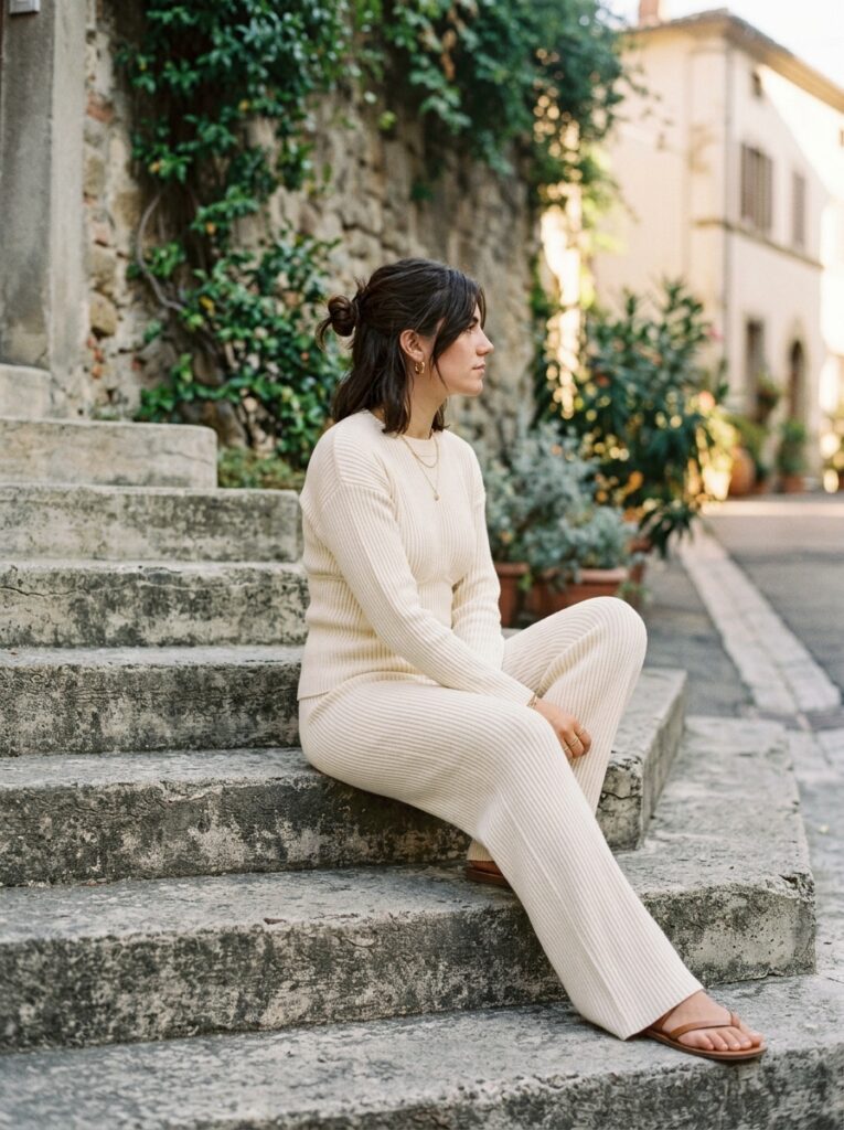 cream knit matching set date night outfit