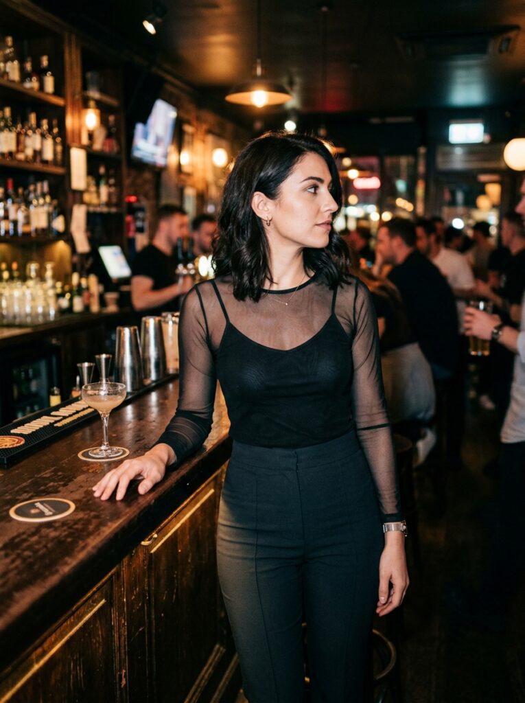 sheer mesh top over camisole date night outfit