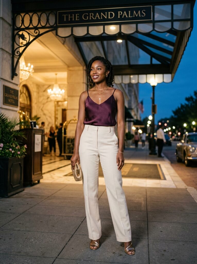 Plum satin camisole with tailored cream trousers and metallic heels