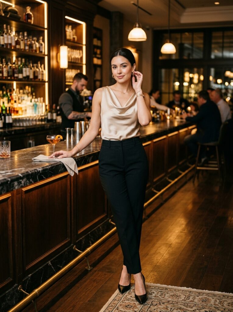 Satin cowl-neck top with high-waisted black trousers and pointed heels