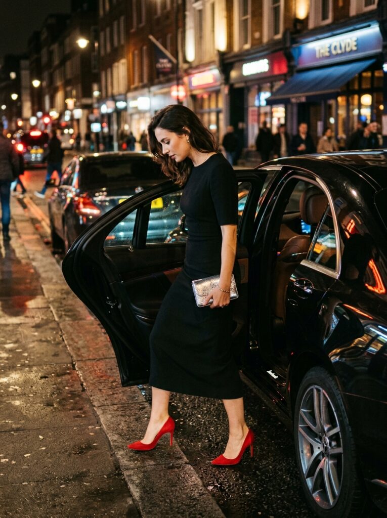 little black dress with red heels and metallic clutch