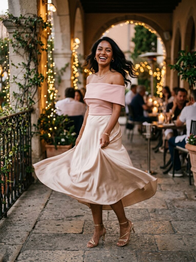 Blush off-shoulder top with a champagne satin midi skirt and strappy sandals