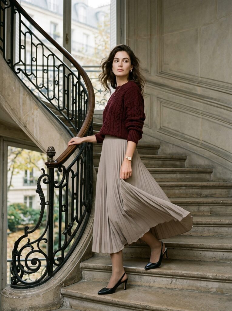 Woman in a burgundy knit sweater, neutral pleated midi skirt, and slingback shoes walking down a Parisian staircase.