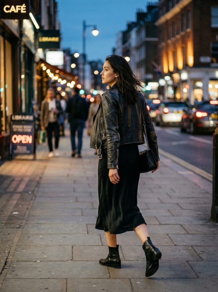 black slip dress with leather jacket date night outfit
