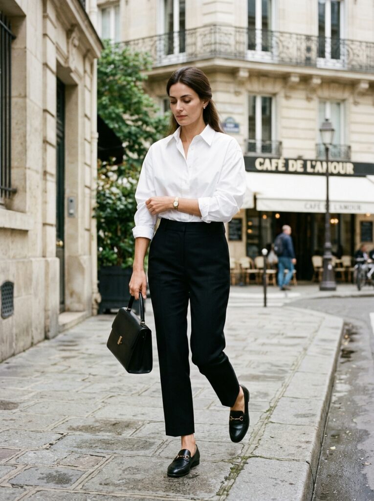 Woman in a crisp white button-down shirt, tailored black trousers, and black leather loafers walking along a Parisian sidewalk.
