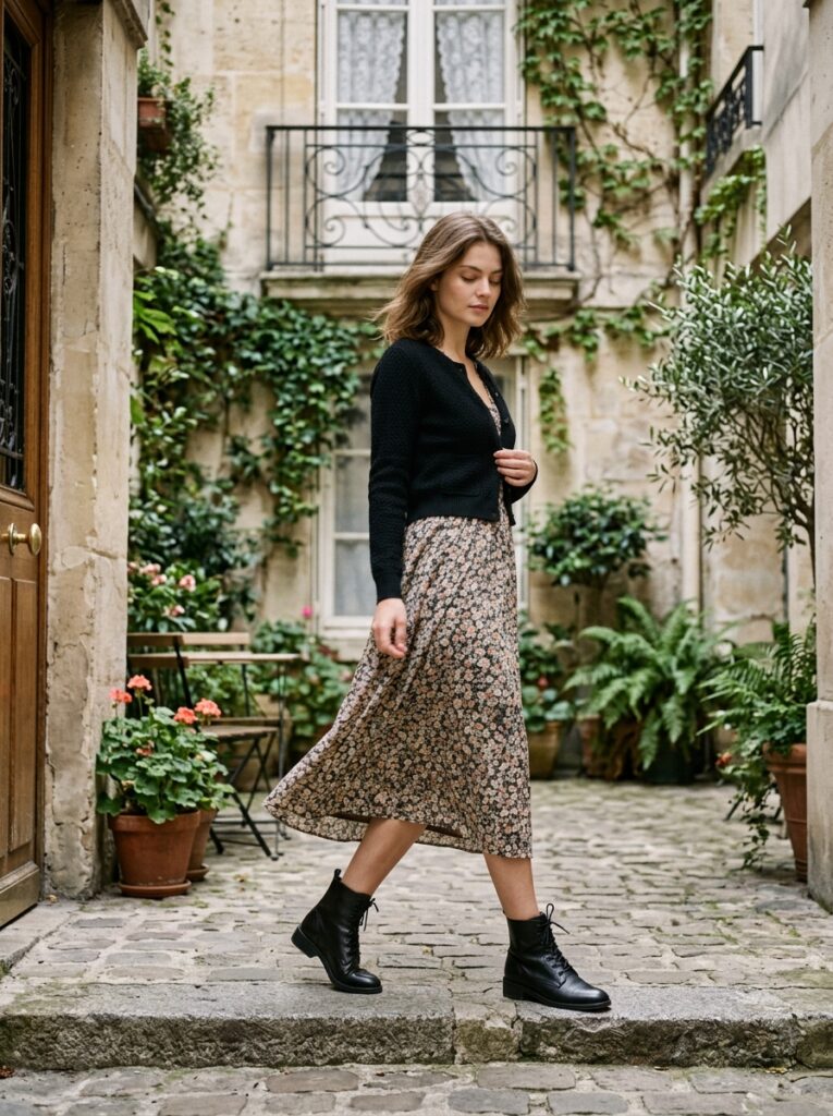 Woman in a floral midi dress, cropped knit cardigan, and black ankle boots walking through a Parisian courtyard.
