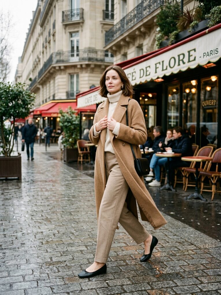 Woman in a long camel wool coat, cream knit sweater, neutral trousers, and black ballet flats walking past a Parisian café.