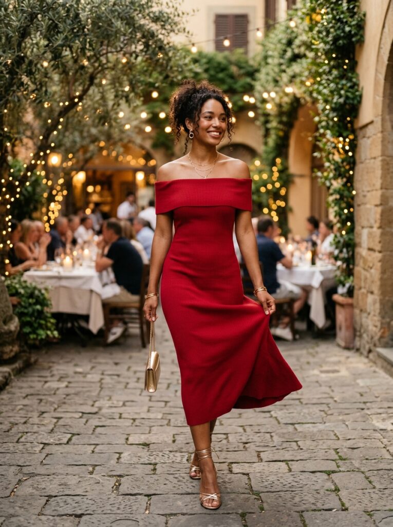 Red off-shoulder knit dress with gold earrings and strappy heels