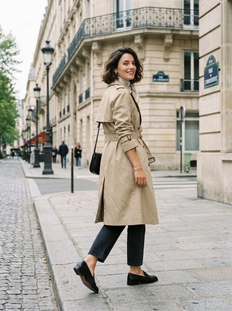 Woman in a belted beige trench coat, silk neck scarf, cropped dark jeans, and black shoes turning on a Parisian boulevard.