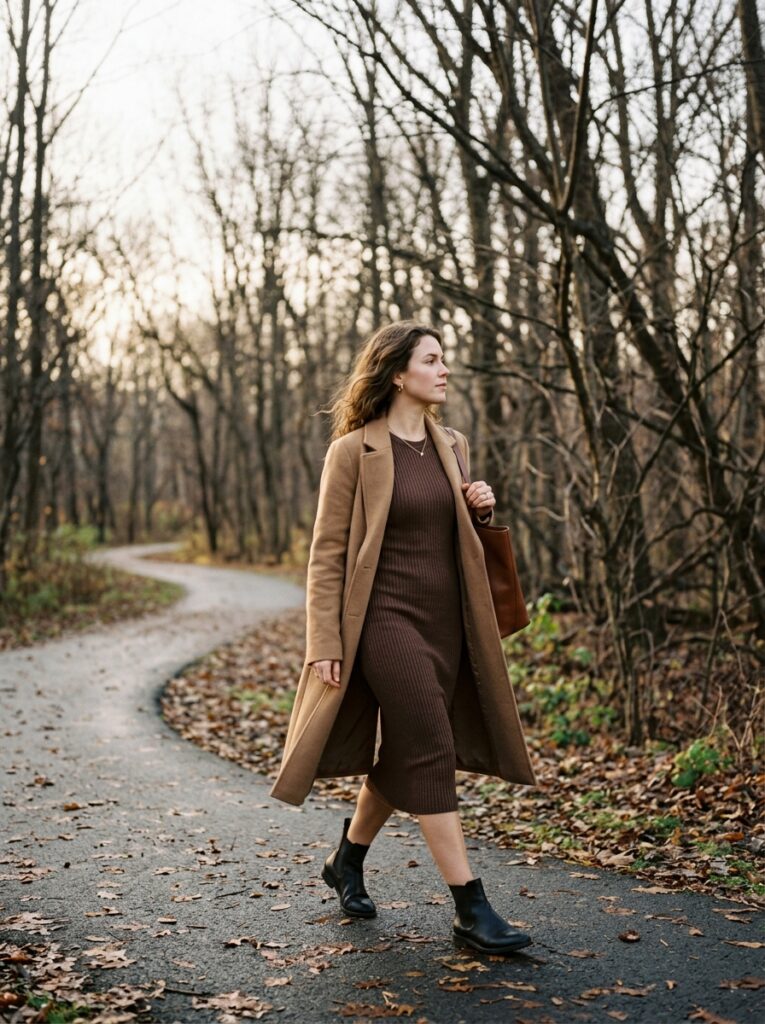 ribbed knit dress with long coat casual date outfit