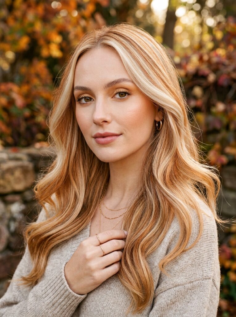 Amber-veiled blonde hair with fine warm amber ribbons