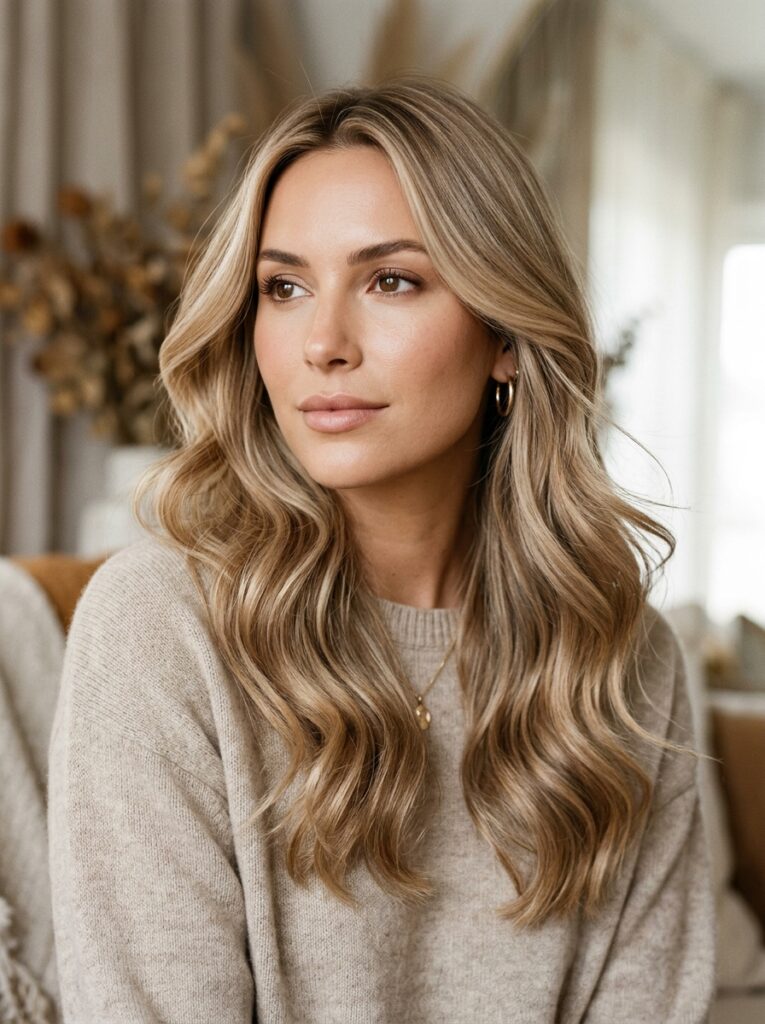 Toasted almond blonde hair with soft beige undertones