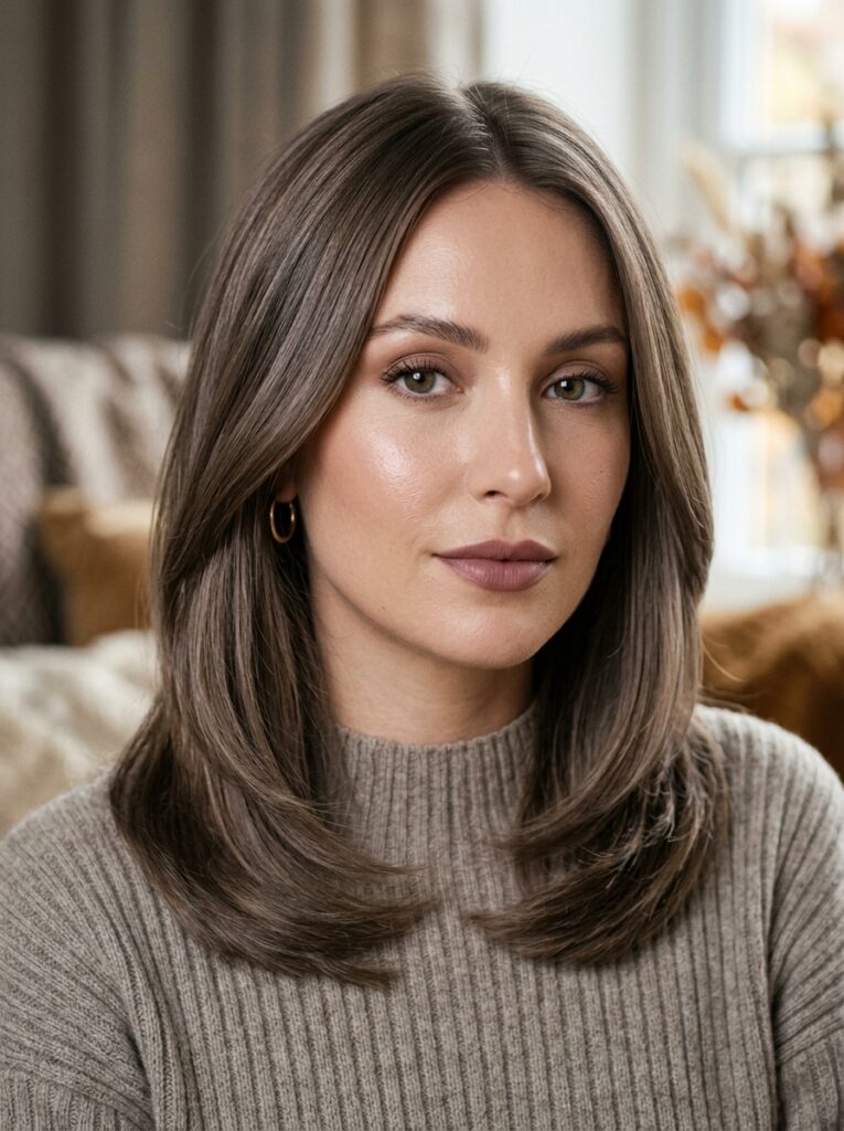 Mushroom brown hair with cool taupe tones and glossy dimension