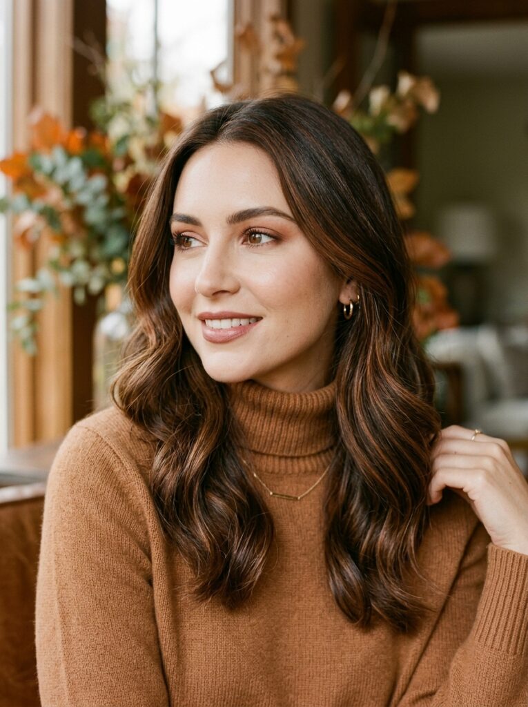 Burnished brunette hair with subtle copper-toned lowlights