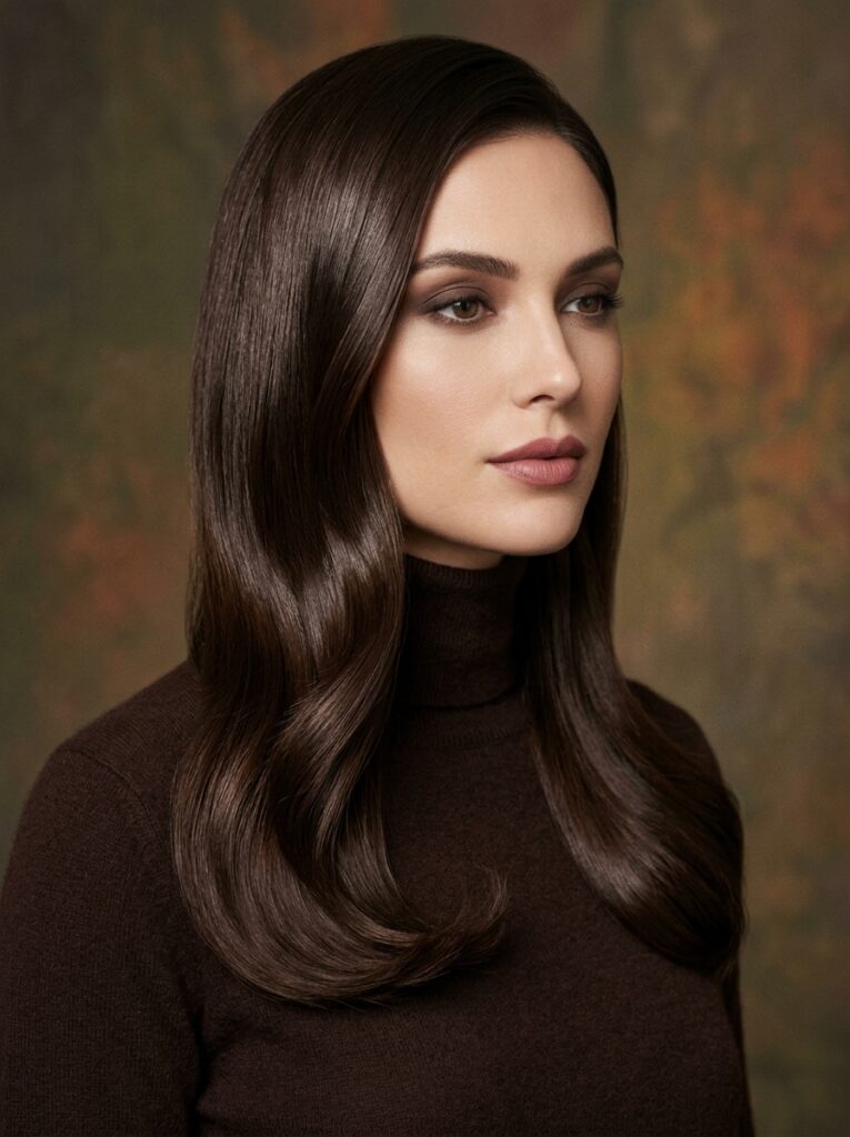 Deep chocolate brunette hair with a glossy cocoa-brown finish