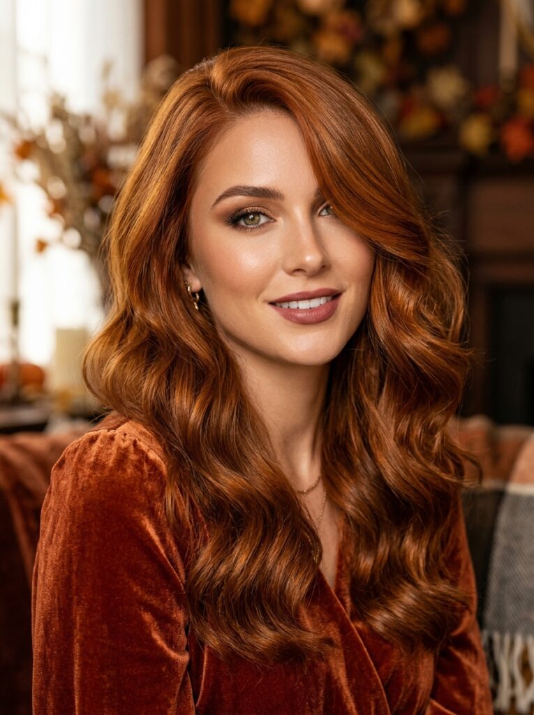 Whiskey copper hair in a deep amber-copper shade