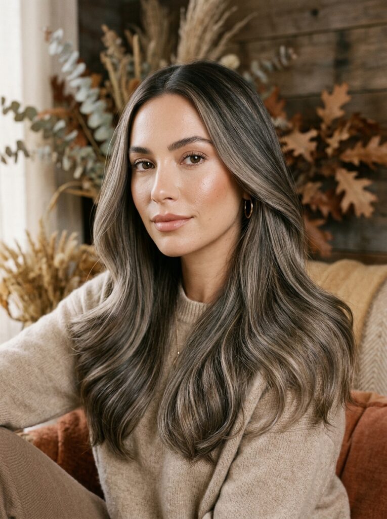 Greige brunette hair blending cool gray, beige, and brunette tones