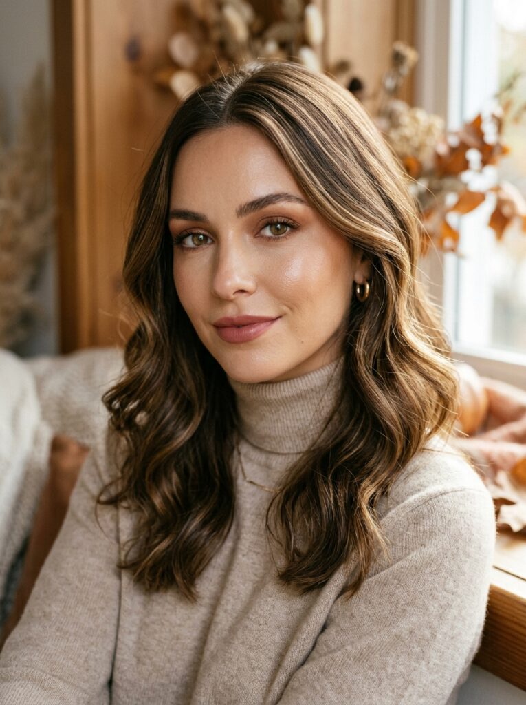 Golden walnut brunette hair with delicate golden babylights