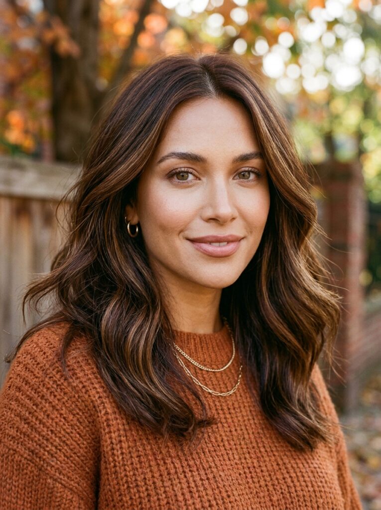 Chestnut brown hair with fine caramel ribbons through the lengths