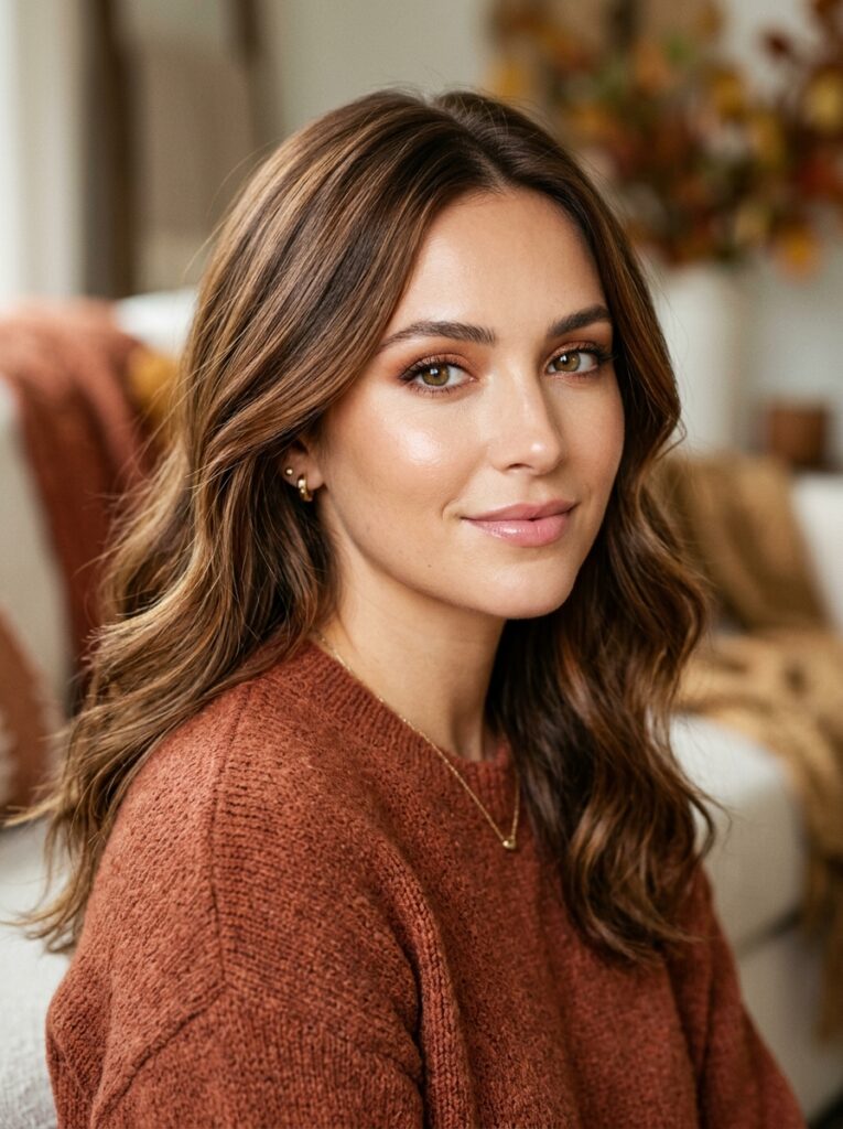 Rich maple brown hair with warm amber and caramel dimension