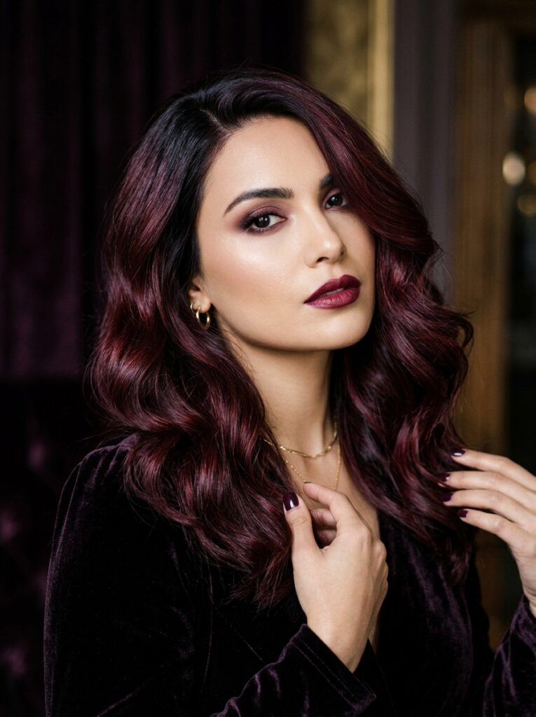Deep mulled wine red hair with rich burgundy and purple tones