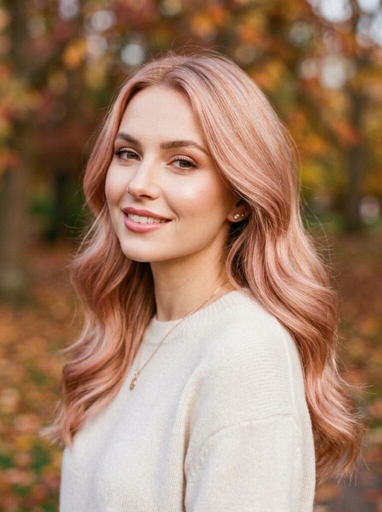 Rose gold autumn blonde hair with subtle pink and golden tones