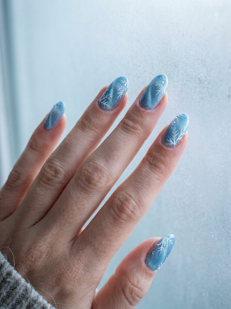 icy blue cat eye nails with white frost crystal art
