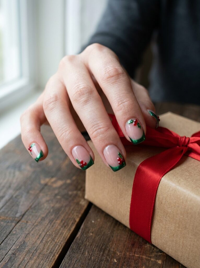 emerald chrome french nails with 3d holly berries
