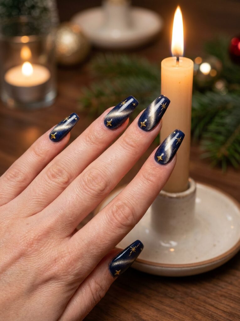 midnight blue cat eye nails with gold star charms