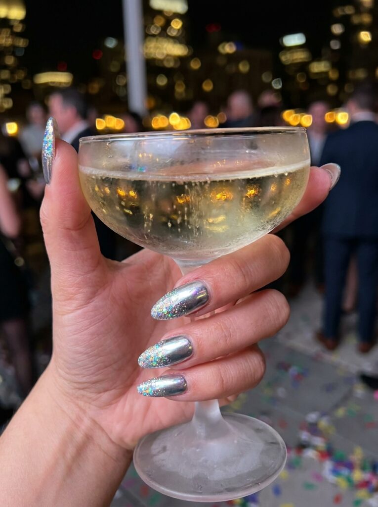 silver chrome nails with holographic glitter tips
