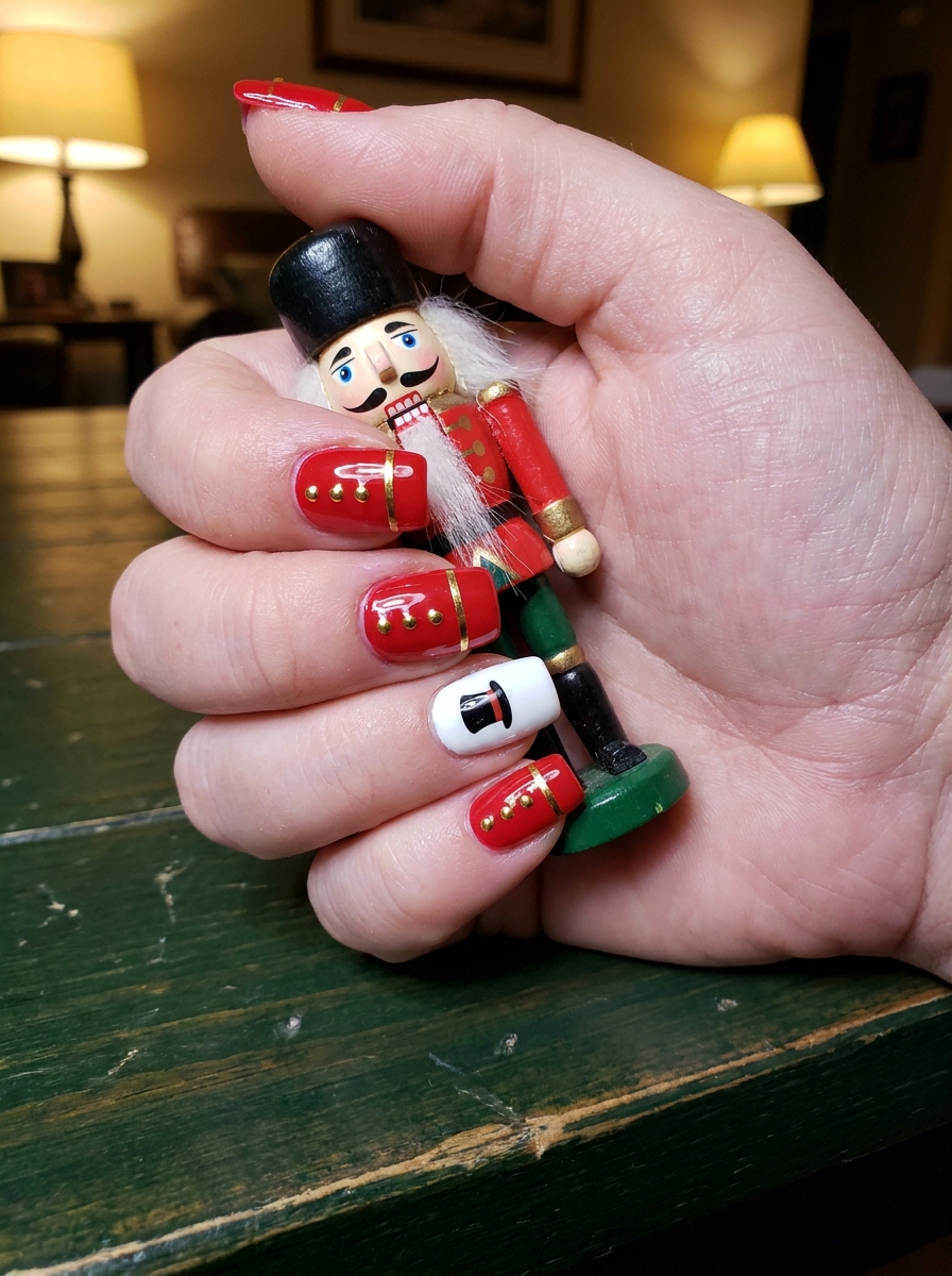 red nutcracker nails with gold studs and striping