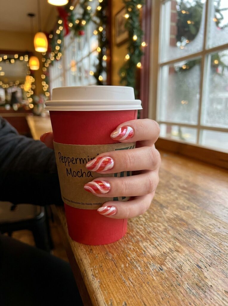 candy cane swirl nails with pearl chrome