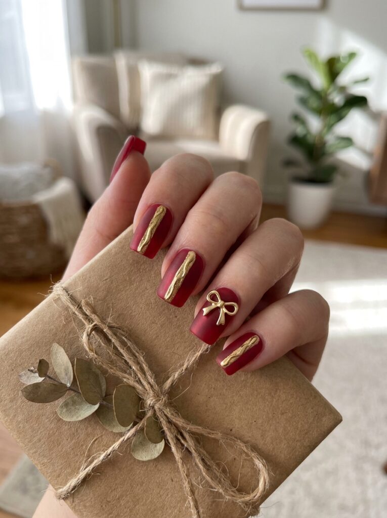 red gift wrapped nails with gold ribbon and bow charm