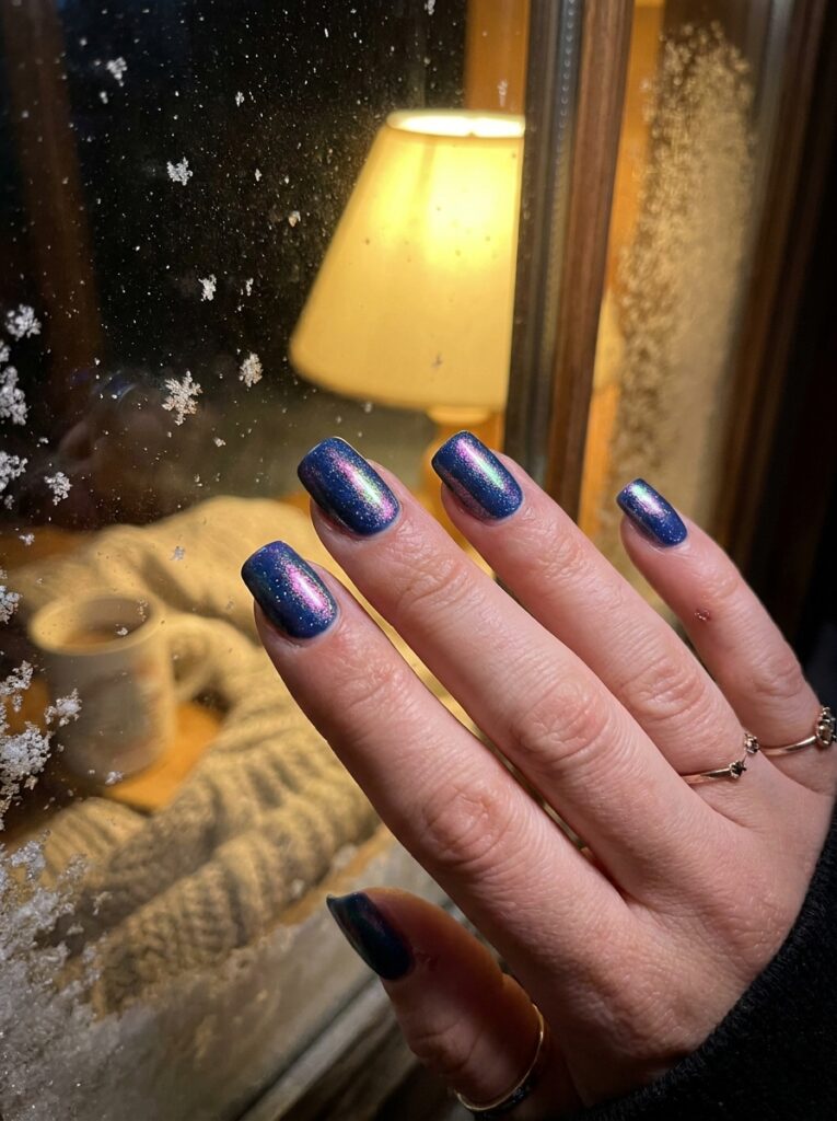 aurora chrome northern lights nails over navy