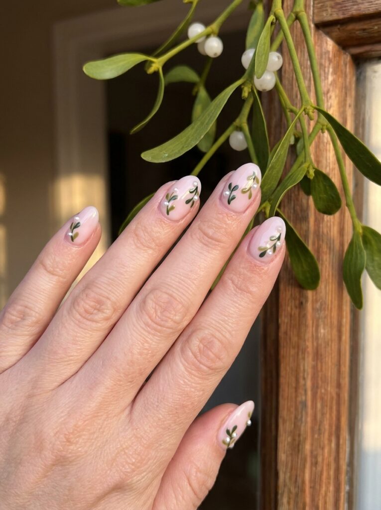 milky pink nails with hand painted mistletoe and pearls