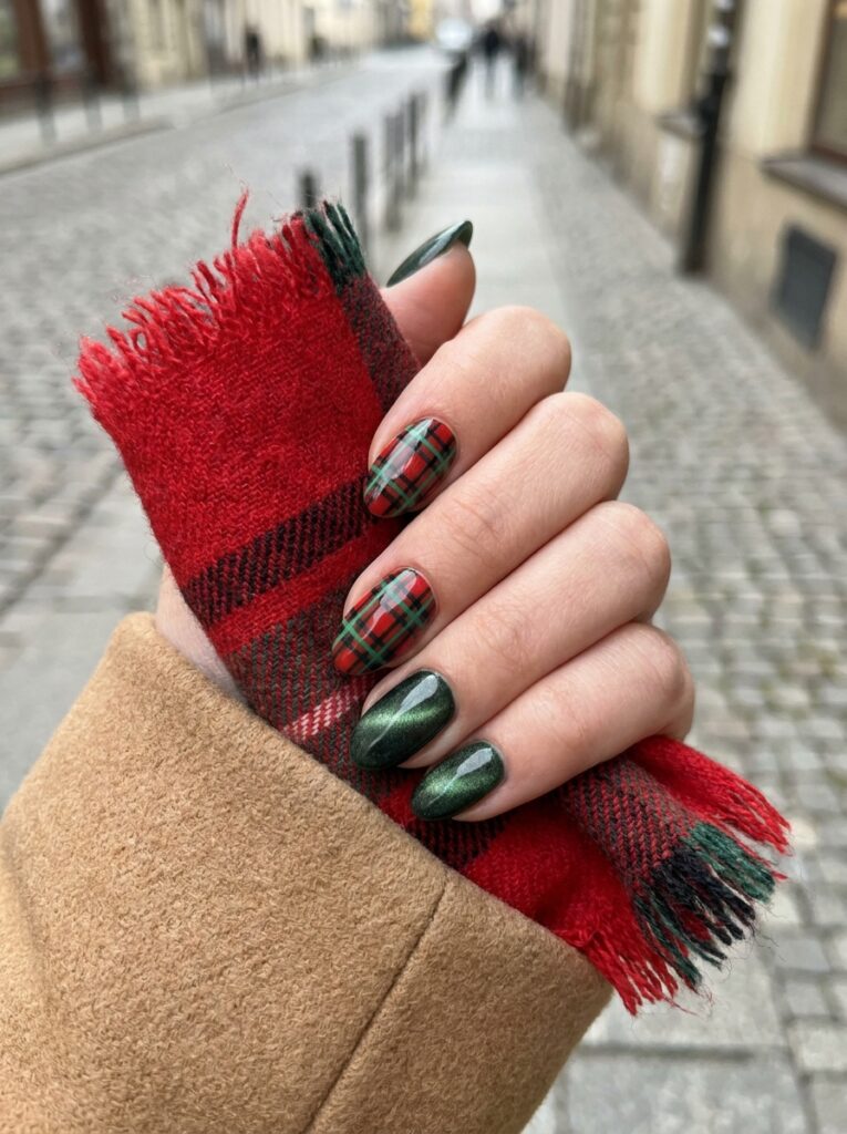 red and green tartan nails with forest green velvet cat eye