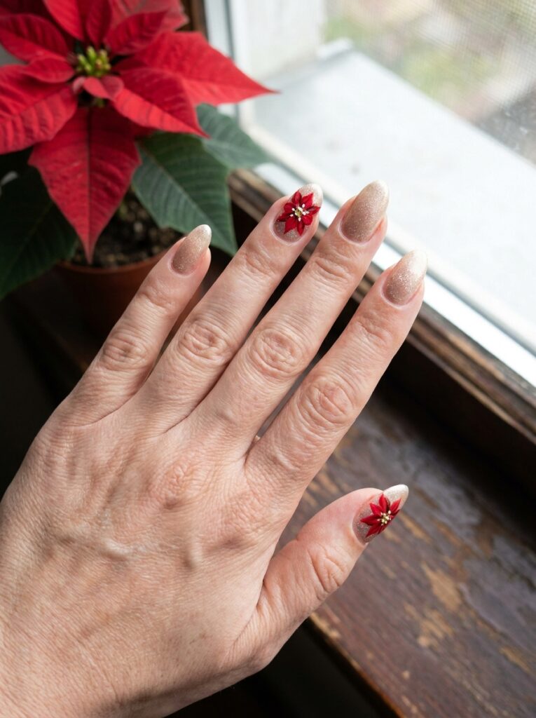 champagne shimmer nails with hand painted poinsettias