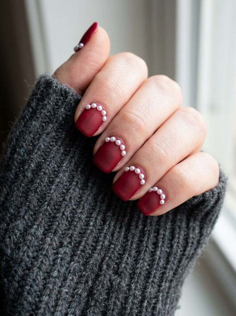 matte red velvet nails with pearl cuticle line