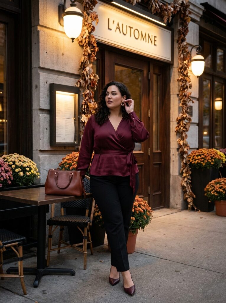 Burgundy wrap top with black trousers and pointed flats