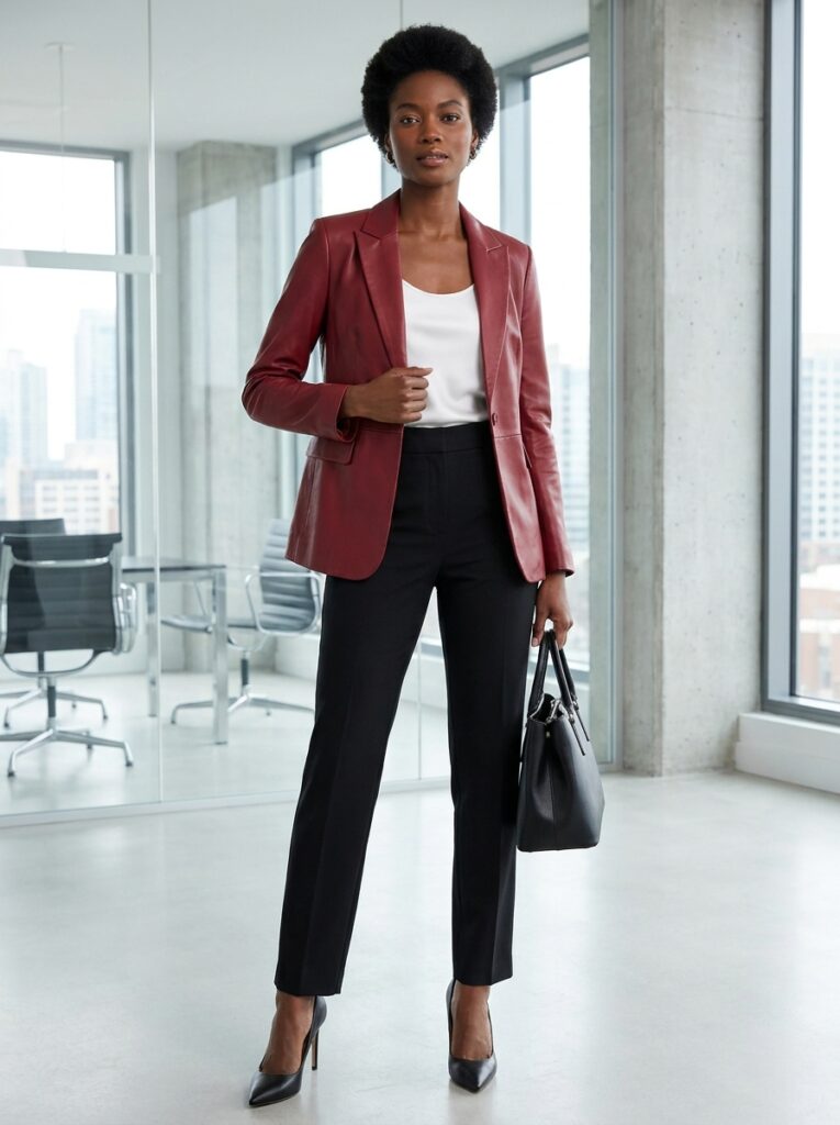 Red leather blazer with black trousers and pointed heels