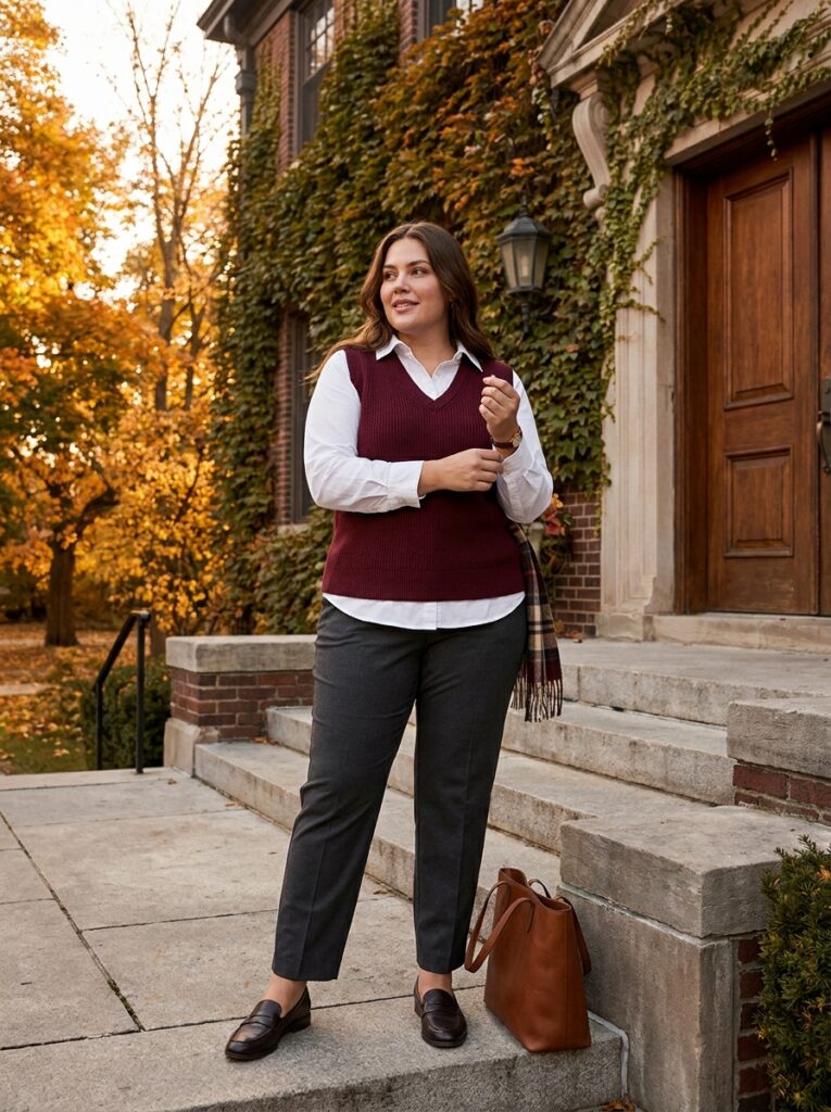 Burgundy sweater vest over a white button-down with tailored trousers and loafers