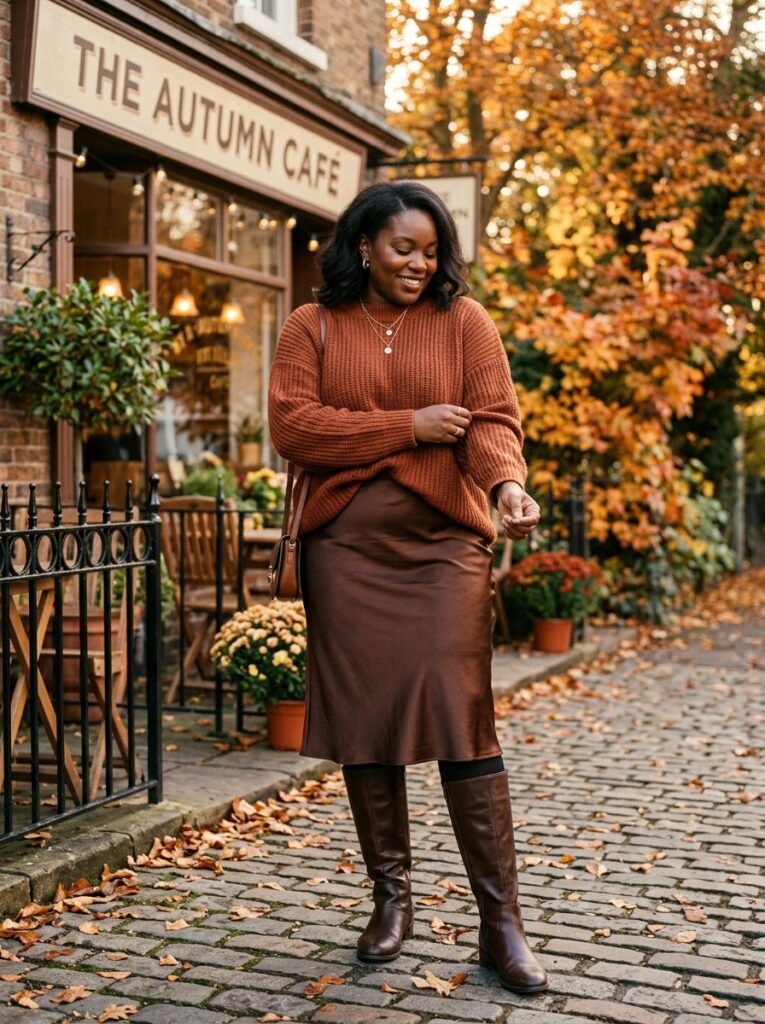 Rust knit sweater with a satin midi skirt and tall boots