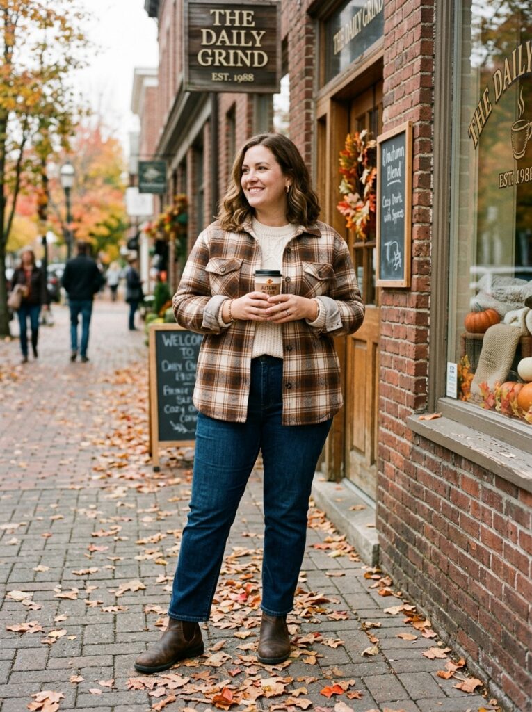 Plaid shacket with a cream sweater and dark straight-leg jeans