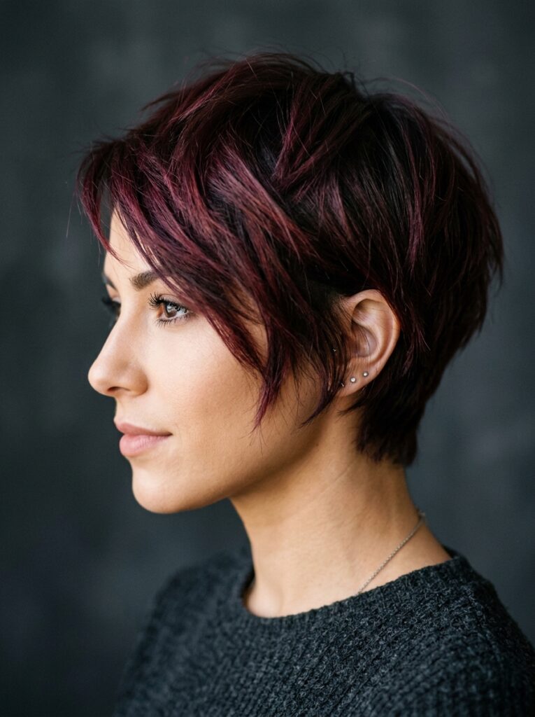 deep burgundy pixie cut with choppy layers