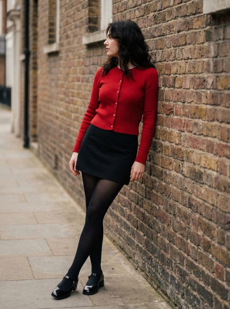 red cardigan with black mini skirt and mary janes