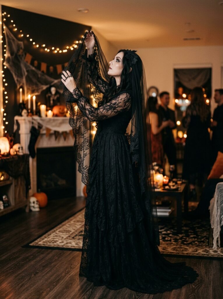 gothic bride halloween costume with black veil