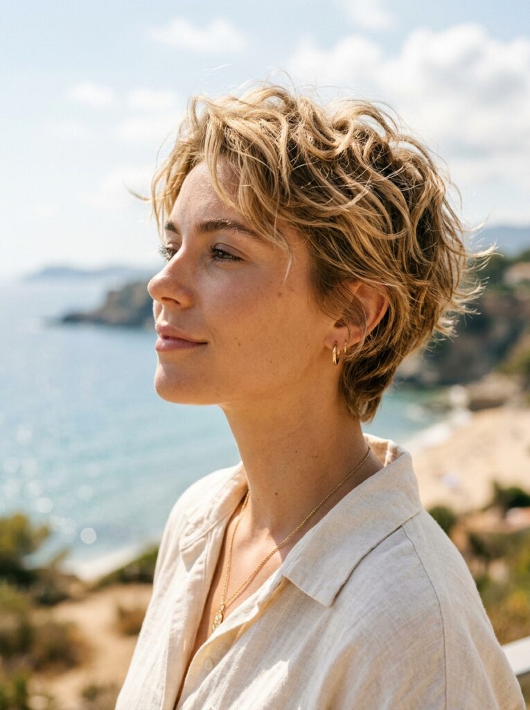 tousled honey blonde pixie cut