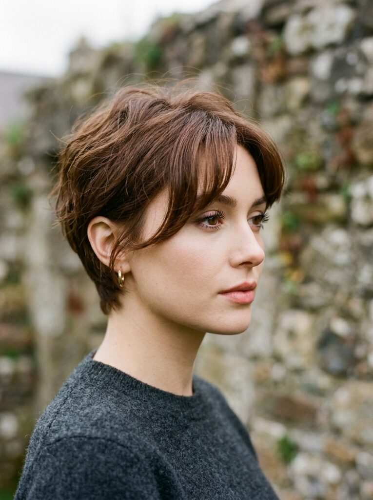 romantic pixie cut with long side bangs